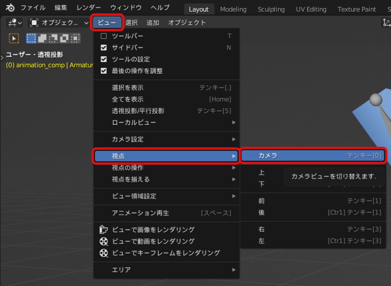 カメラ視点への変更方法